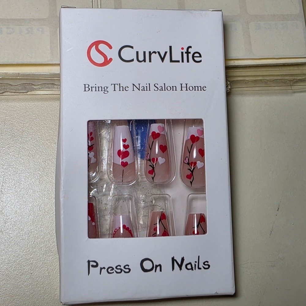 CurvLife Press On Nails Long Coffin French Tip Red White Heart Art CY934-B7 NEW